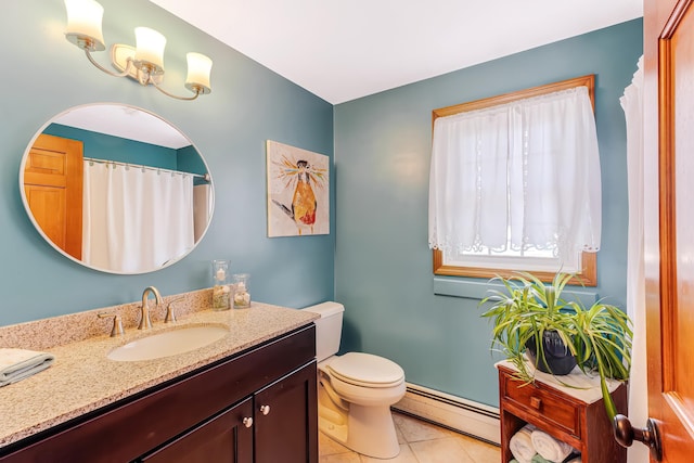 bathroom featuring vanity, tile patterned floors, toilet, and baseboard heating