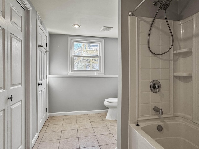 bathroom featuring visible vents, toilet, shower / tub combination, tile patterned flooring, and baseboards