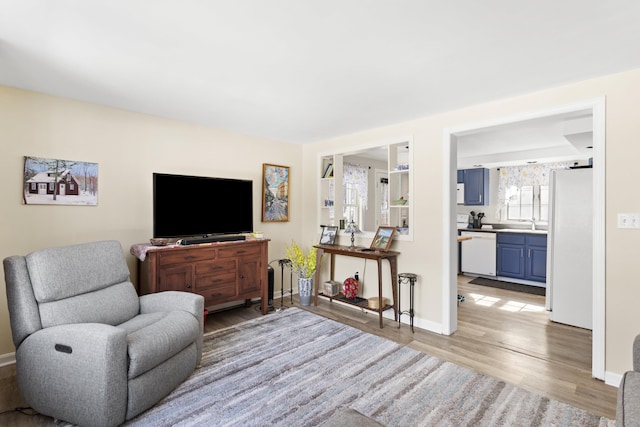 living room with baseboards and light wood-style floors