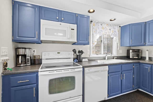 kitchen featuring white appliances, blue cabinetry, dark countertops, and a sink