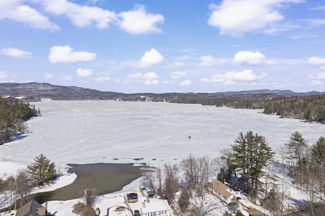 snowy aerial view featuring a mountain view