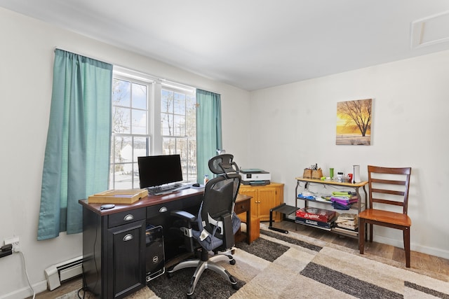 office space featuring baseboards and a baseboard radiator