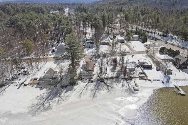 snowy aerial view featuring a view of trees