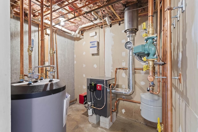 utility room with water heater and a heating unit