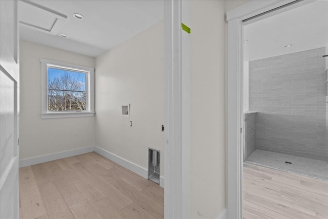 laundry room featuring baseboards, attic access, washer hookup, recessed lighting, and light wood-style floors