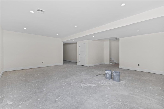 interior space with recessed lighting, visible vents, baseboards, and stairway