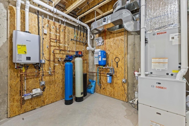 utilities featuring heating unit and tankless water heater