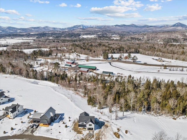 snowy aerial view featuring a mountain view