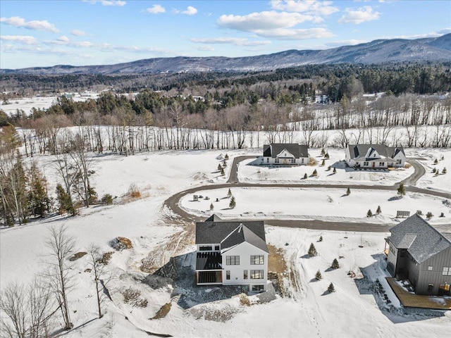 snowy aerial view featuring a mountain view