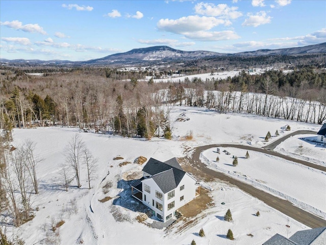 snowy aerial view with a mountain view