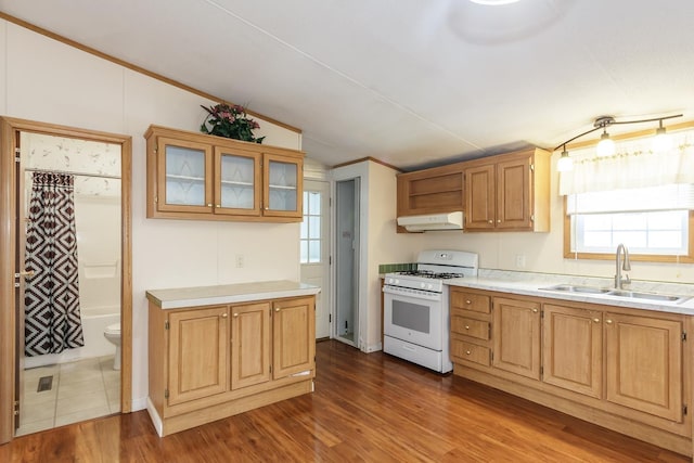 kitchen with under cabinet range hood, light countertops, vaulted ceiling, white gas range, and a sink