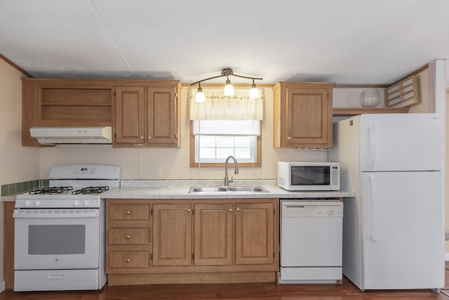 kitchen with white appliances, open shelves, a sink, light countertops, and under cabinet range hood