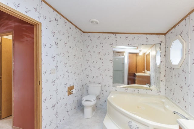 full bathroom with tile patterned floors, wallpapered walls, toilet, a shower with shower door, and a bath