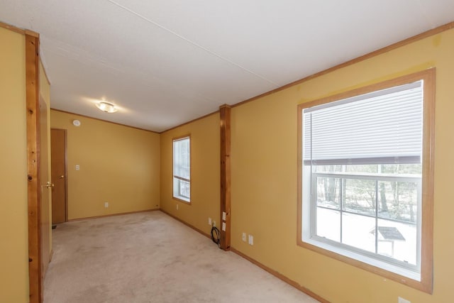 spare room with light colored carpet, baseboards, and ornamental molding