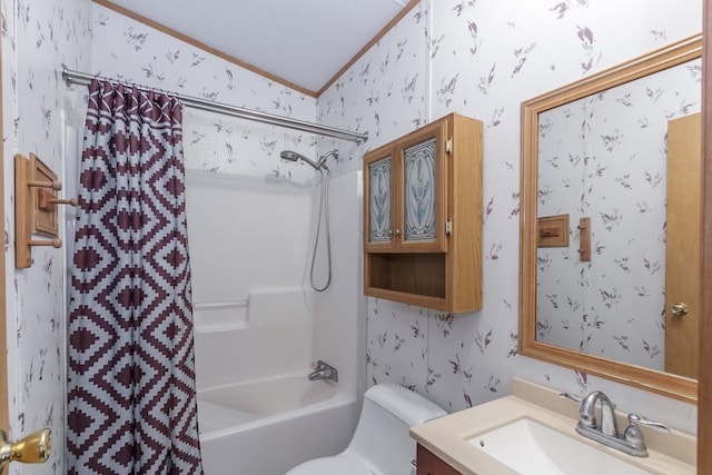 full bath featuring vanity, shower / bathtub combination with curtain, wallpapered walls, ornamental molding, and toilet