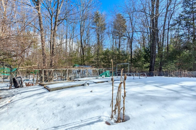 view of yard layered in snow