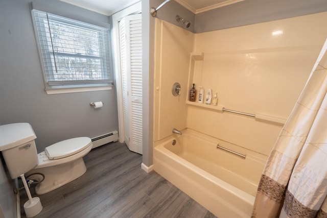 full bathroom featuring toilet, shower / bath combo, wood finished floors, a closet, and baseboard heating