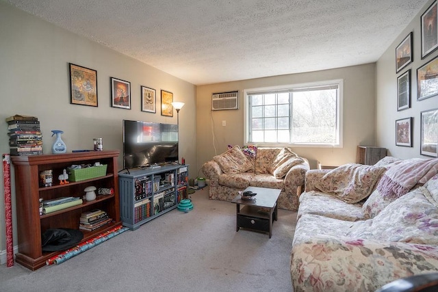 carpeted living room with a textured ceiling and an AC wall unit