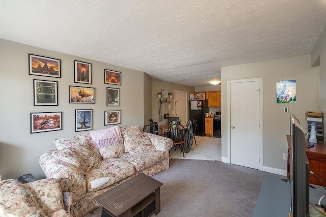 carpeted living room featuring baseboards and a textured ceiling