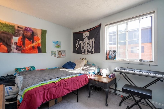 carpeted bedroom with a textured ceiling