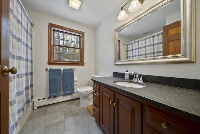 bathroom with vanity, a shower with shower curtain, toilet, and a baseboard radiator