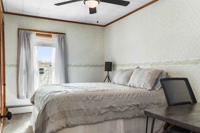 bedroom with wallpapered walls, ceiling fan, carpet floors, ornamental molding, and baseboard heating