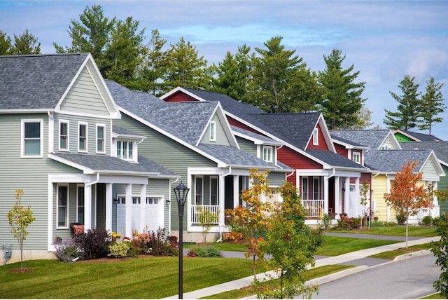 view of front of home with a residential view, roof with shingles, a porch, and a front lawn