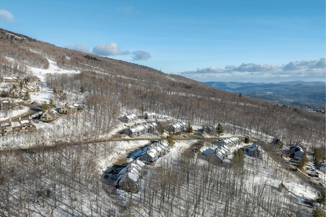 snowy aerial view featuring a mountain view