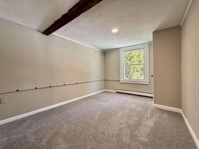 empty room with beam ceiling, baseboard heating, a textured ceiling, and baseboards