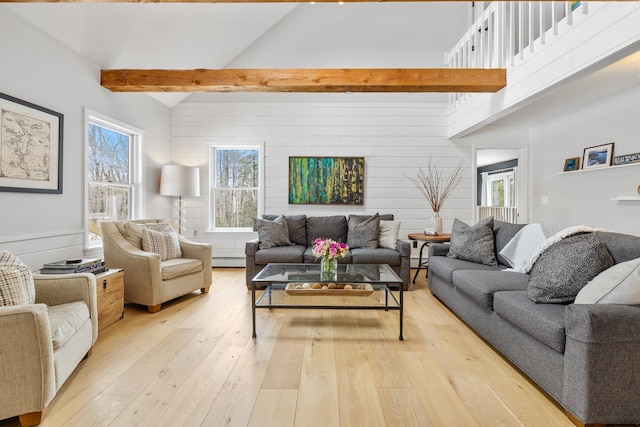 living room featuring beam ceiling, light wood-type flooring, baseboard heating, and high vaulted ceiling