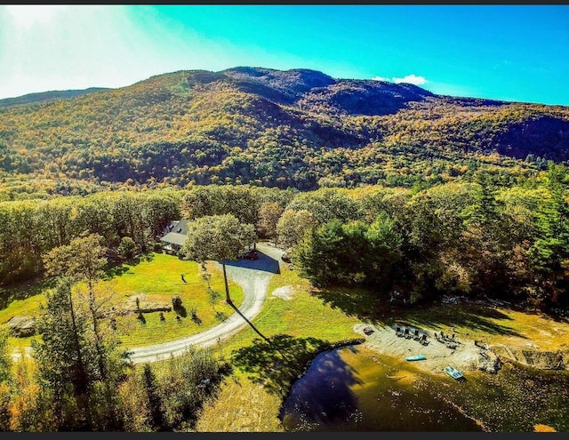 aerial view featuring a mountain view and a forest view