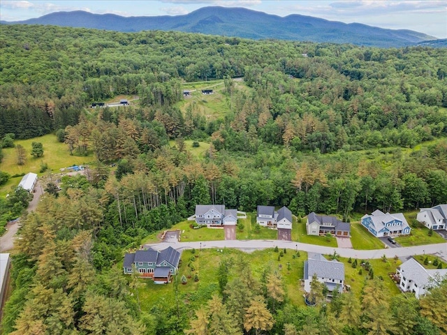 drone / aerial view with a mountain view and a wooded view