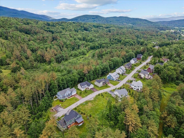 birds eye view of property featuring a mountain view and a view of trees