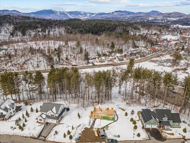 snowy aerial view featuring a mountain view