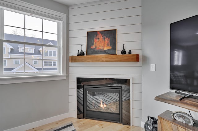 room details with baseboards, a warm lit fireplace, and wood finished floors