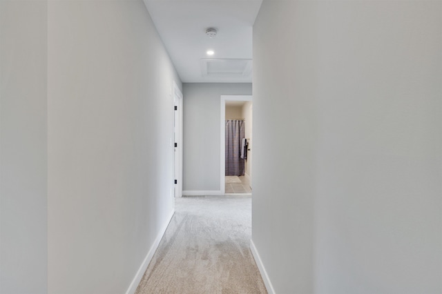 hall featuring light carpet, attic access, and baseboards