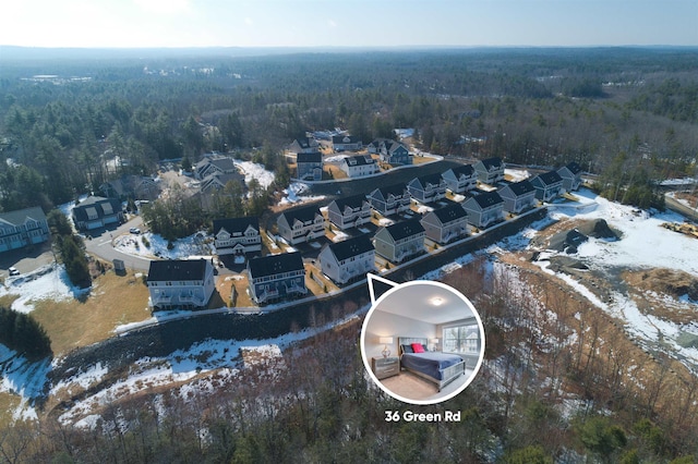 snowy aerial view featuring a view of trees