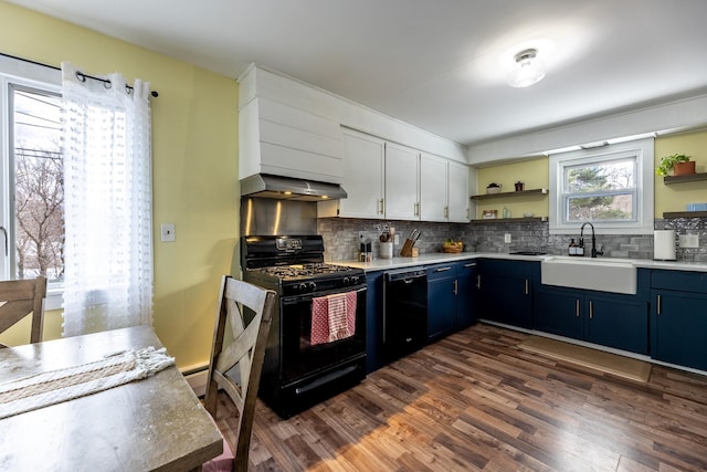 kitchen featuring a sink, ventilation hood, black appliances, and open shelves