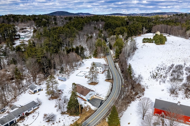 snowy aerial view featuring a mountain view and a forest view