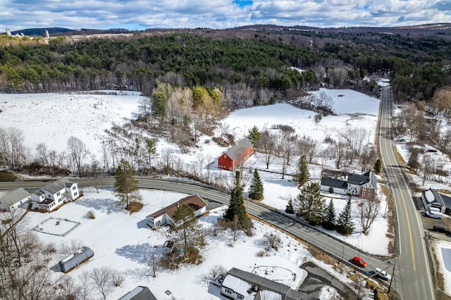 snowy aerial view featuring a wooded view