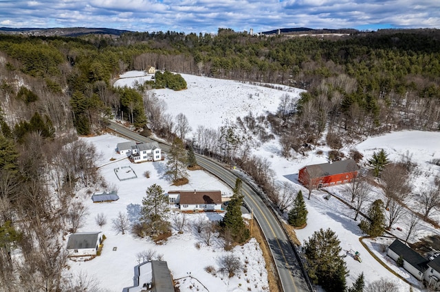 snowy aerial view featuring a forest view