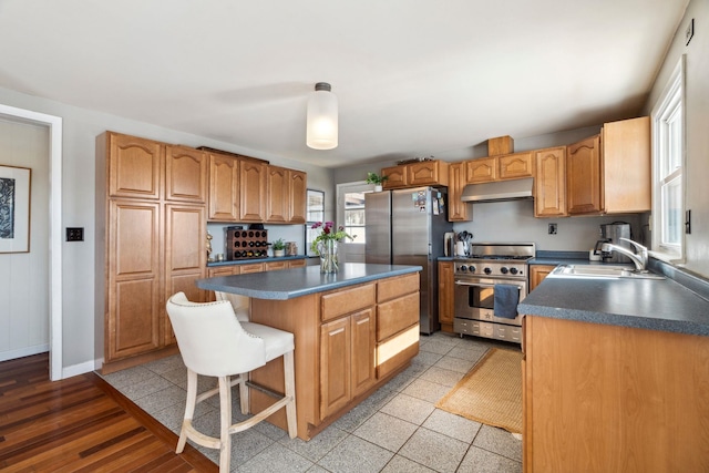 kitchen featuring dark countertops, a kitchen island, under cabinet range hood, appliances with stainless steel finishes, and a sink