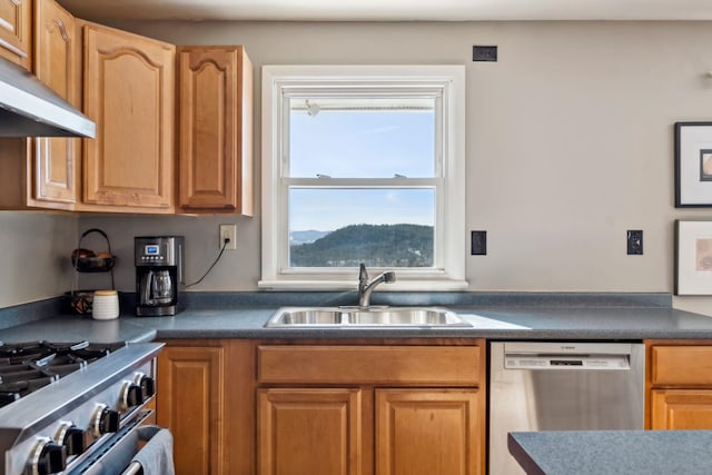 kitchen with dark countertops, stainless steel appliances, under cabinet range hood, and a sink