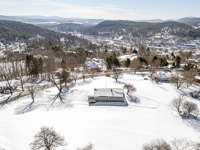 snowy aerial view with a mountain view