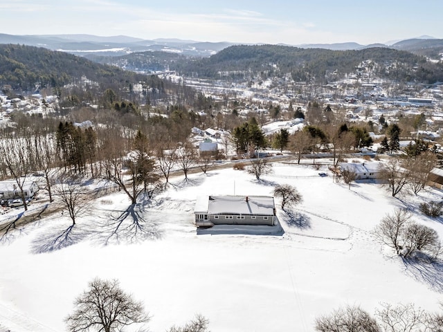 snowy aerial view featuring a mountain view