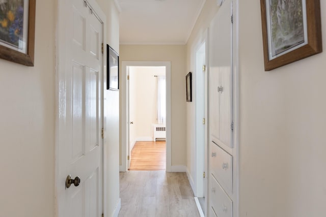 corridor featuring crown molding, radiator, baseboards, and light wood finished floors