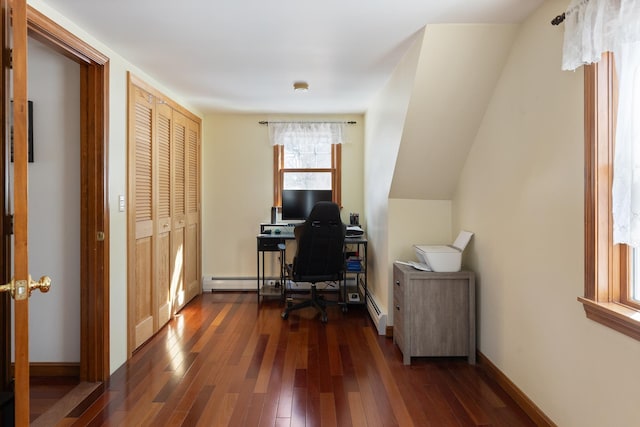 office area featuring dark wood-style floors, baseboards, and baseboard heating