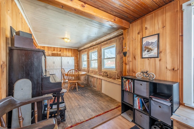 living area with wood-type flooring, wood ceiling, and wood walls