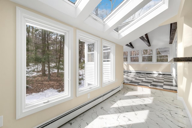 sunroom with a baseboard radiator, a healthy amount of sunlight, and a skylight