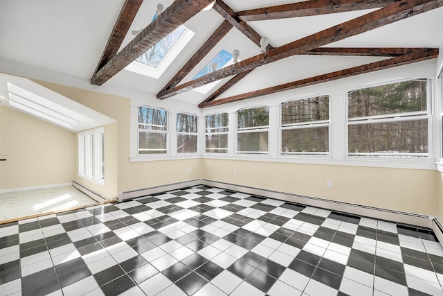 unfurnished sunroom featuring a baseboard heating unit and lofted ceiling with skylight